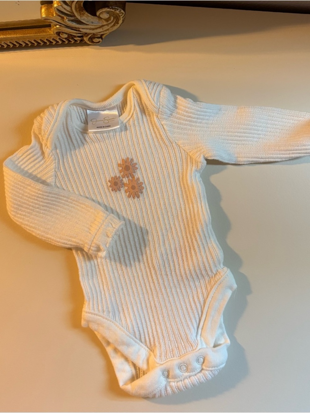 Baby Ribbed Long-Sleeve One-Piece in Cream with Flower Detail